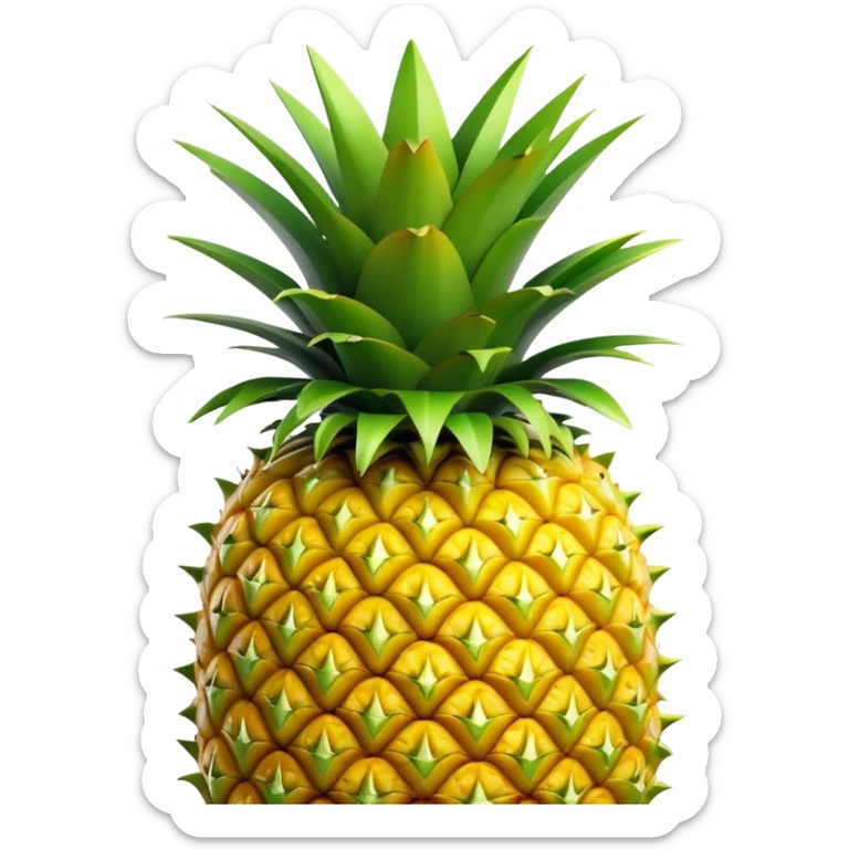 Cinematic Realistic Pineapple Emoji, Tropical and vibrant, with a golden-yellow textured skin and a crown of spiky green leaves on top. The body of the fruit is sharply geometric, its surface rich with natural patterns. Soft glowing outline, capturing the essence of exotic sweetness and tropical flair in a fresh pineapple! sticker