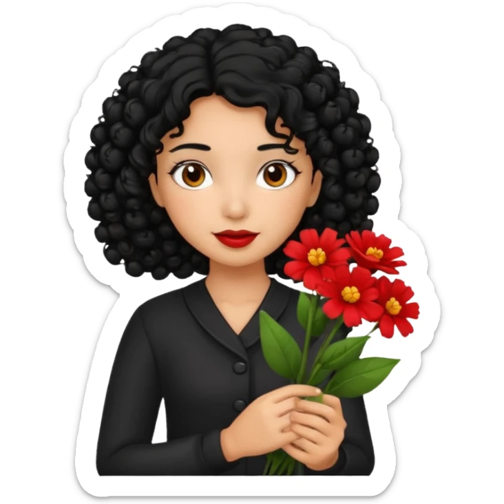 A girl with curly  black  hair and res flowers in her hands sticker