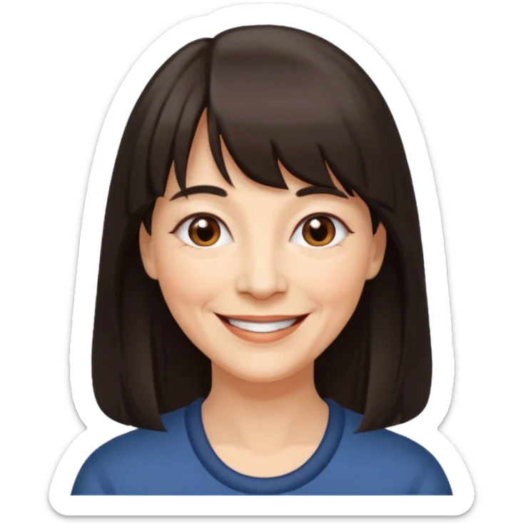 60 yr old woman, small brown eyes, long dark hair, bangs,  sticker