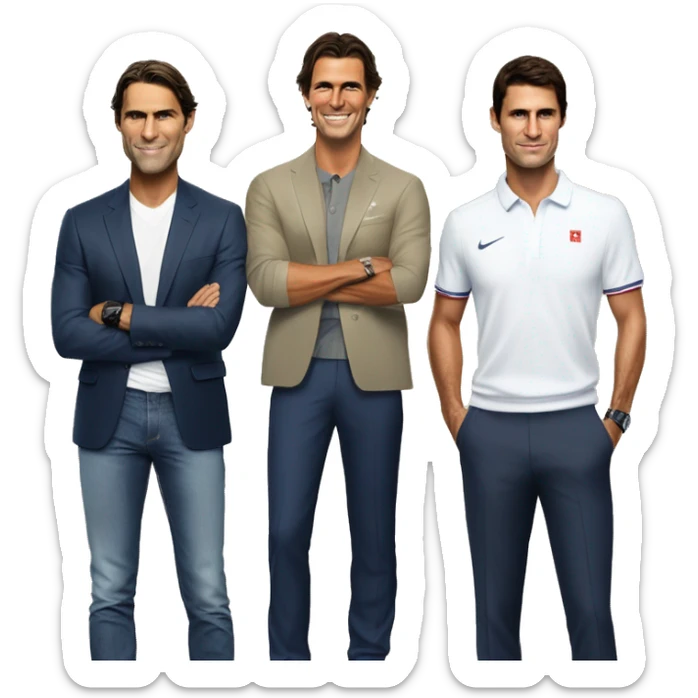 In the left ide there is Rafael Nadal. In the middle there is Novak Djokovic. In the right side there is Roger Federer. They ar standing one next to each other and they are made with the smestyle sticker