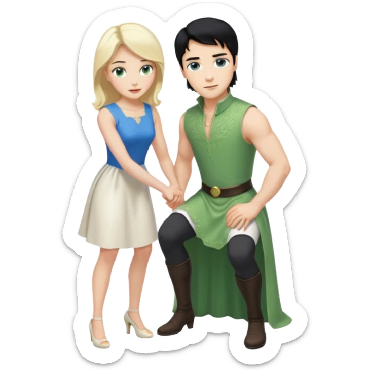 prince, upright, black Hair, blue eyes, Woman, blonde Hair, Green eyes, bending knee, sleveless White Dress, sticker