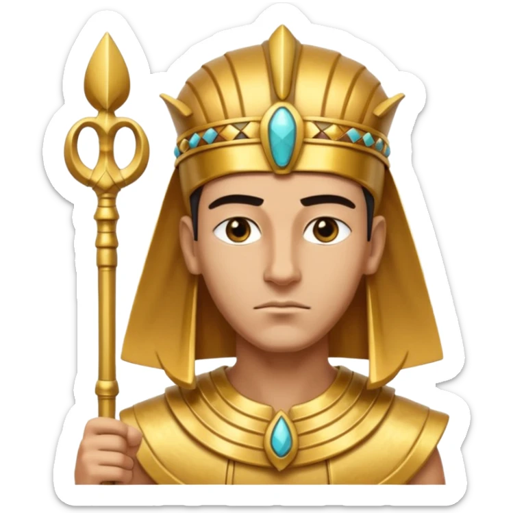 A regal pharaoh with golden headdress, calm stern eyes, and holding a crook and flail with authority.
 sticker