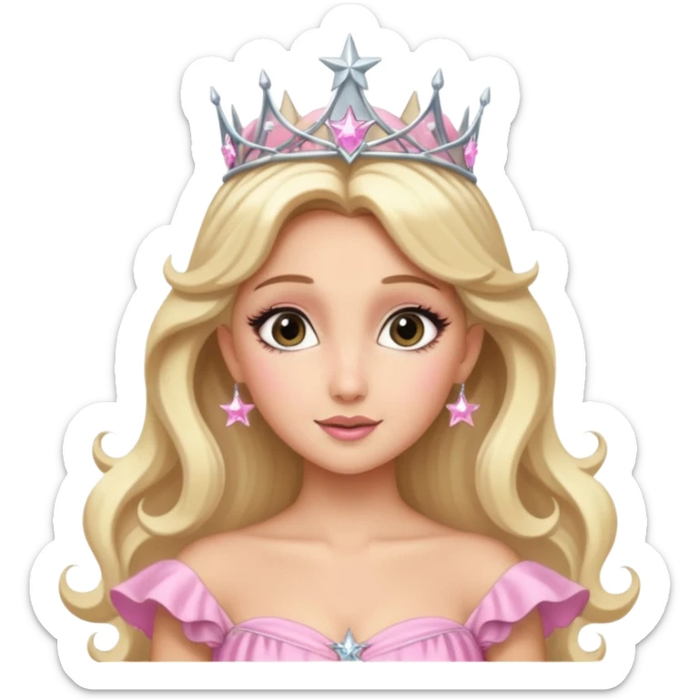 glinda the good witch from wicked movie (ariana) blonde hair, beautiful, big silver thin tiara, star wand, pink gown sticker