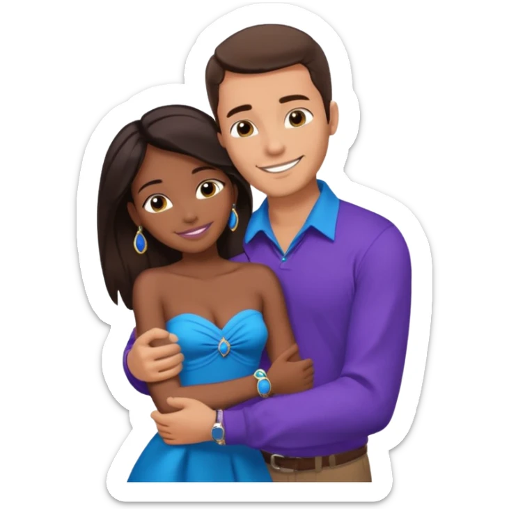 Tan tall brunette European male in blue shirt smiling and hugging a jet black African girl in purple strapless dress and blue jewelry they are on a beach with blue ocean water and palm trees sticker
