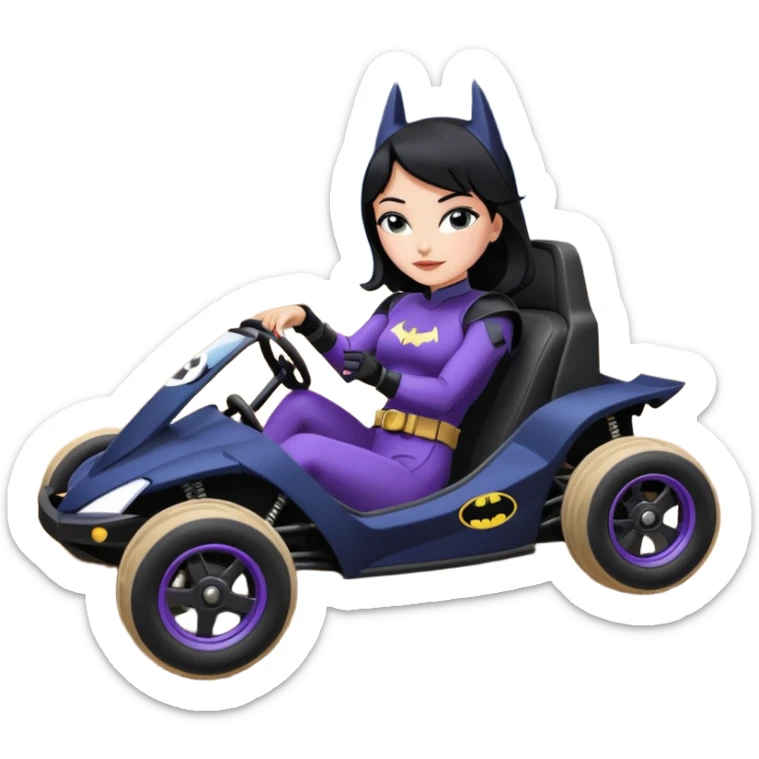 full size real-appearance road racing sexy buxom Batman’s feminine midnight-colored tight outfit sixty’s tv show dark stealthy accurate sporty safe plush deluxe Lego off-road pursuit drifting car lexus (black hair,reclining and relaxed torso and shoulders back against seat) rallycross kart  sticker