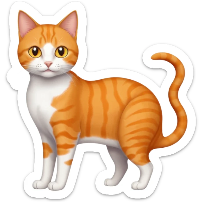 full body orange domestic shorthair slim cat with yellow/orange eyes paw being white and the other being half sticker