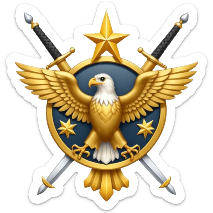 Insignia militar realista para videojuegos de guerra (estilo Delta Force), forma de escudo metálico con bordes desgastados. Incluye:

Símbolo: [fusiles cruzados / águila / estrellas / espada] sticker