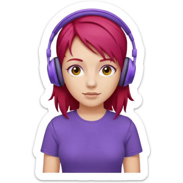 girl with purple headphones and tshirt red hair sticker