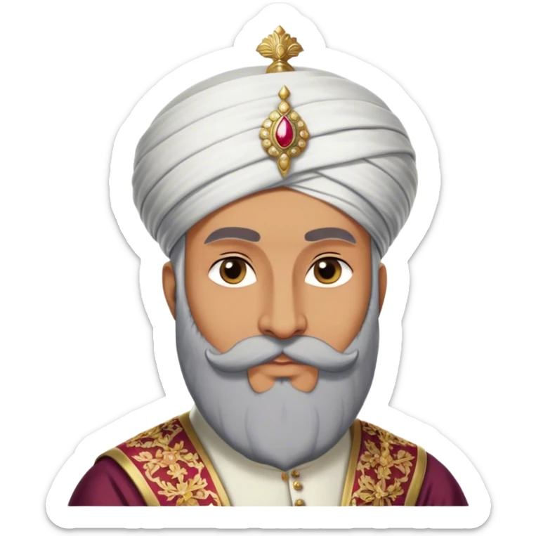 ​Cinematic Realistic Portrait of Suleiman the Magnificent, depicted as a regal Ottoman sultan adorned with a large, white, round, tall turban and a majestic grey beard, his commanding gaze bathed in warm, historic lighting that exudes timeless authority and grandeur, sticker