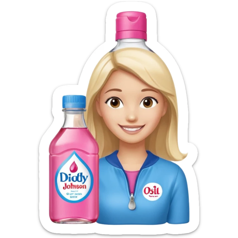 bottle of oil blue top pink outside with logo that says Diddy Party oil Johnson and Johnson  brand with a smiling girl berry on top sticker