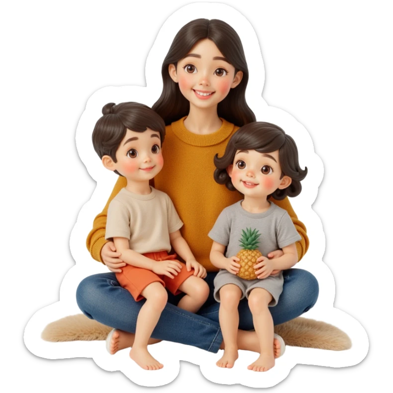 closeup front angle shot of a family of three with parent and two kids, lifelike skin hair and clothing details, skeuomorphism style sticker