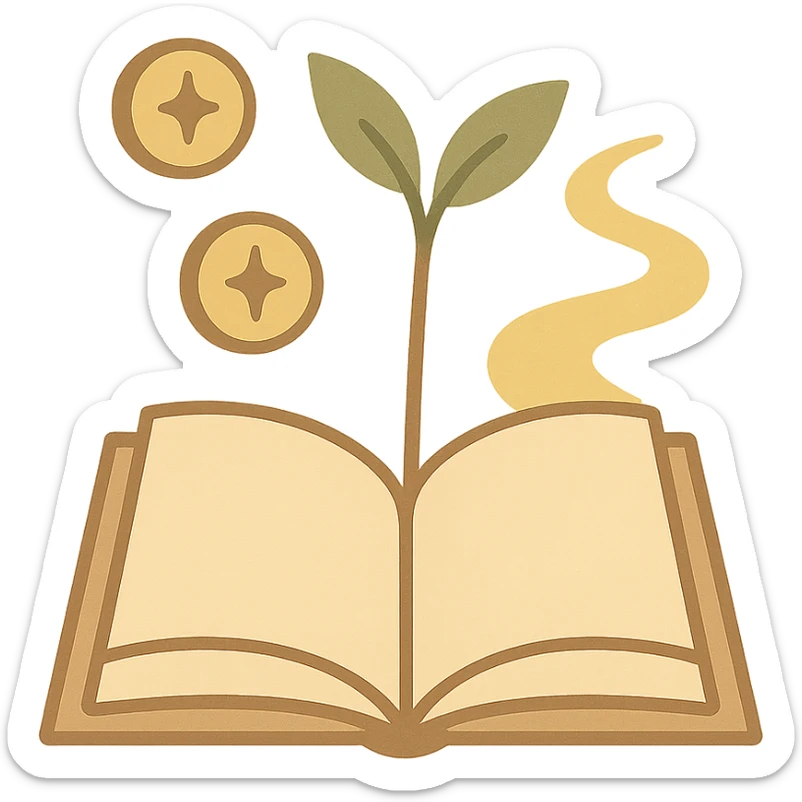 literary, healing, minimalist avatar in a soft warm color palette of beige, light brown, green, pale yellow, abstract symbols of growth and wealth such as sprouting plant, winding path, gentle coins, no text, square composition sticker