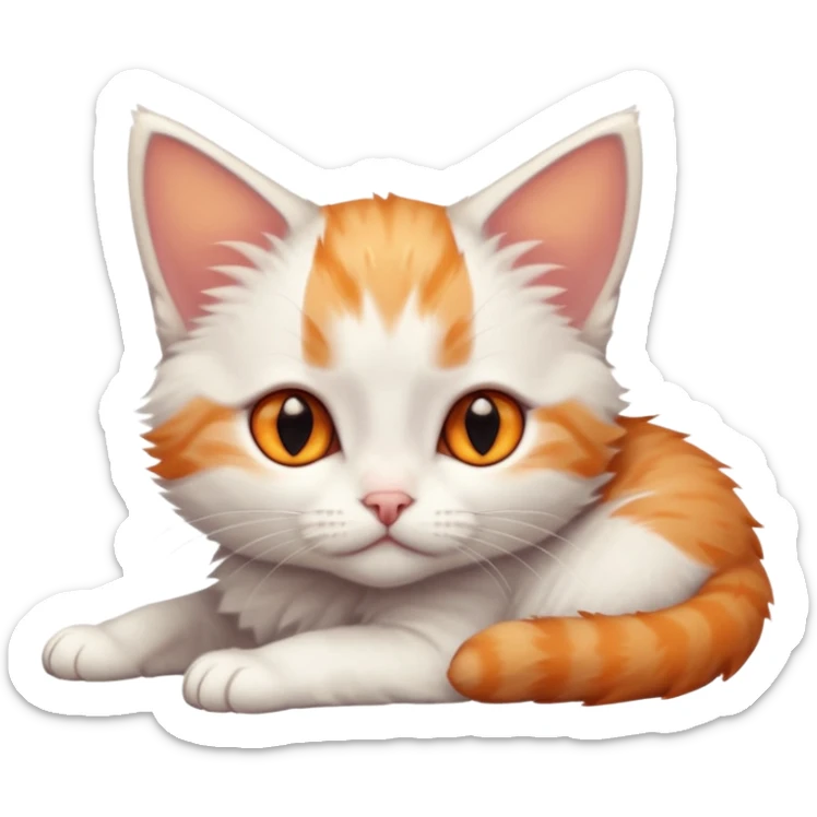 full body of very small + skinny ginger and white kitten with deep orange eyes and triangular shaped face lying down sticker
