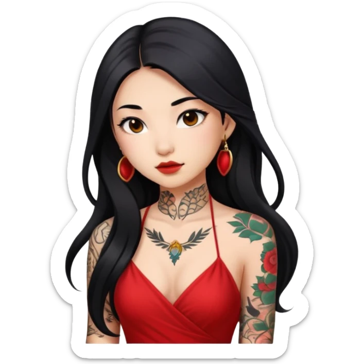 Beautiful Asian girl with long black hair and body tattoos wearing a red dress sticker