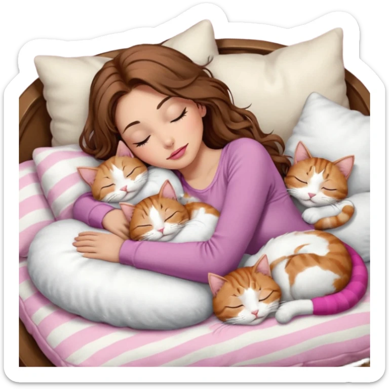 girl with long wavy brown hair, brown eyes, long lashes makeup, sexy pink lips, light to medium complexion,  sleeping on a cozy pillow, with 6 cats: 1 brown and white tabby cat, 1 ginger and white, 2 grey and white, 1 grey with white mittens and small white patch on chest and 1 calico, sleeping sticker