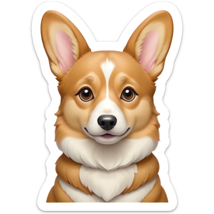 Cinematic Noble Fawn Corgi Portrait Emoji, Poised and regal, with a sturdy, compact build, a smooth fawn coat accented by crisp white markings, and low-set, perky ears, deep-set soulful brown eyes, Simplified yet sharp and sophisticated features, highly detailed, glowing with a soft, dignified glow, high shine, intelligent and loyal, stylized with an air of determination, focused and attentive, soft glowing outline, capturing the essence of a watchful and confident herder, so majestic it feels as though it could trot out of the screen with effortless authority! sticker