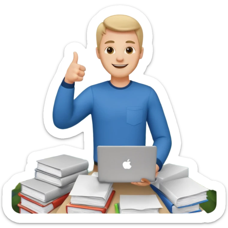 man with a laptop, standing on a mountain of papers, thumbs up emoji sticker
