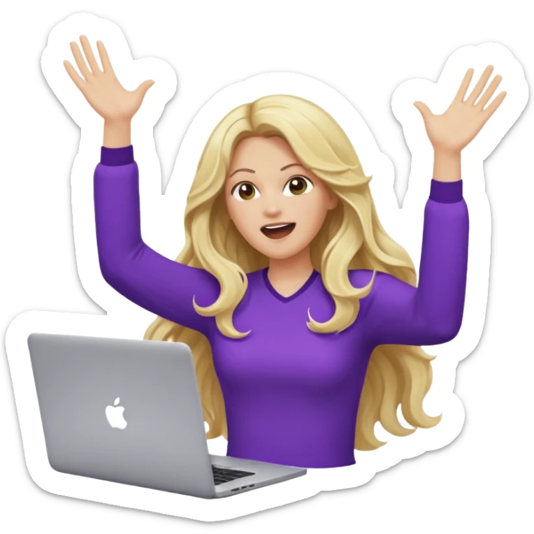 lady with long blonde wavy hair, purple top throwing her with a laptop hands in the air screaming sticker