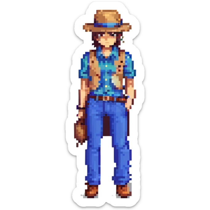 Lemeza Kosugi from La-Mulana, pixel art style, standing with whip at his side, tan fedora, blue pants, pixelated shading, 8-bit game character sticker