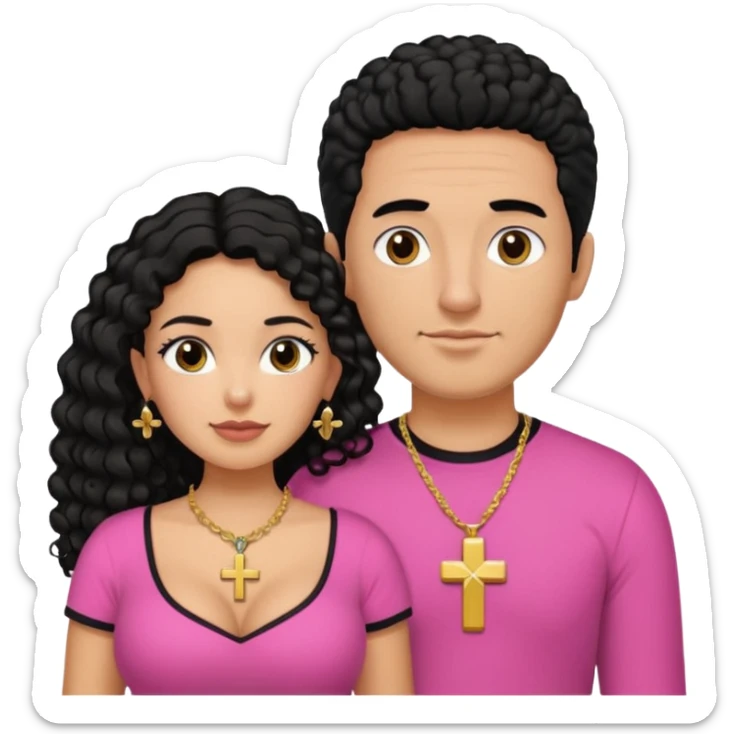 A picture if a couple. the man is a Mexican man with tanned skin, black hair, a bald hair cut, short boxed beard, and wearing a black shirt. the woman is mixed with black and white, with curly long hair, a gold cross necklace, wearing a pink shirt and with big boobs sticker