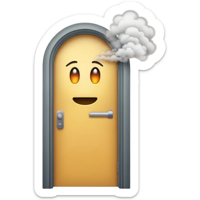 Minimalist emoji-style sticker of a half-open door, with smoke and a single glowing eye visible in the dark inside. Flat design, desaturated colors.
 sticker