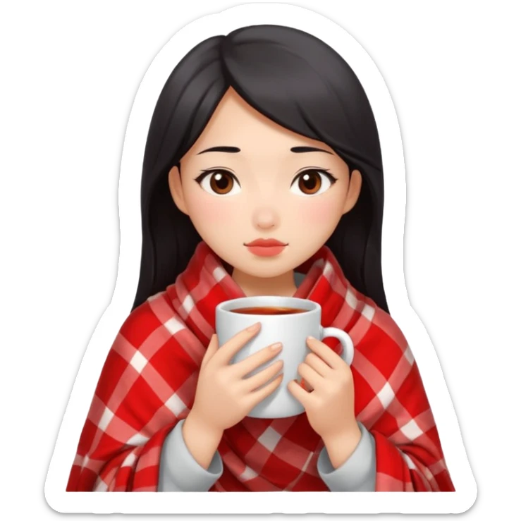 cute and sexy asian girl, feeling sick up, nose and cheecks red by blush, covered by blanket, holding tea mug in hands sticker