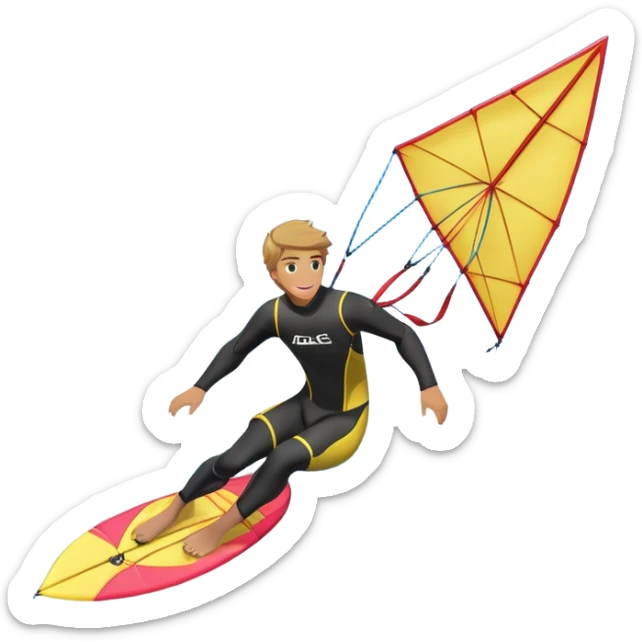 A kite surfer soaring above the waves, holding onto a kite with the wind in full force. The background showcases the ocean and sky, emphasizing the freedom, thrill, and energy of the sport. The motion of the kite and board is dynamic, capturing the excitement of kiting. sticker