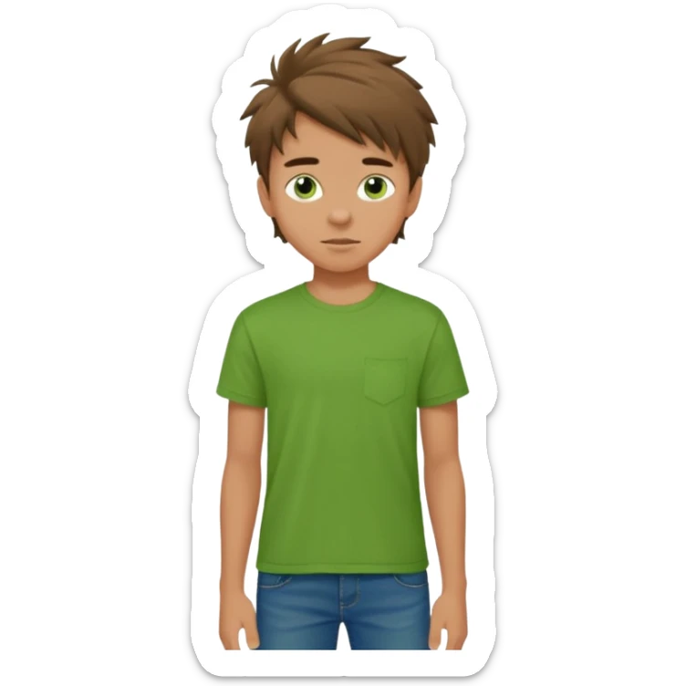 A 14 yerar old teenage boy, slightly tanned, wearing a green tshirt, blue jeans and green sneakers with brown tousled hair sticker