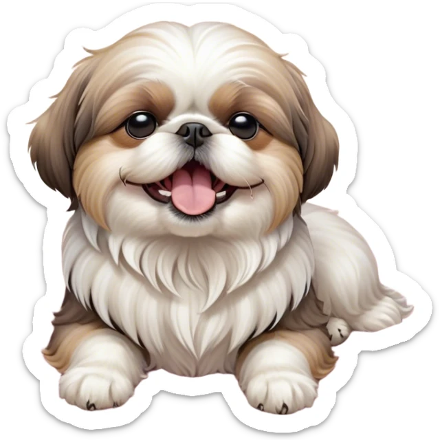 Cinematic Cute Yawning Shih Tzu Portrait Emoji, Head gently tilted with an irresistibly cute yawn and sleepy, half-closed eyes, showcasing a luxurious, fluffy fur in gentle pastel tones, simplified yet endearingly detailed, glowing with a soft, drowsy radiance, high shine, exuding tender, sleepy charm, styled with a delicate, soft glowing outline, capturing the essence of a Shih Tzu caught in a moment of adorable, sleepy bliss! sticker