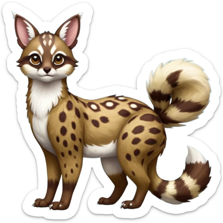 Colorful dark realistic chocolate-brown tropical beige fur glorious divine exotic cute cool beautiful shiny beautiful fantasy-Furret-Eevee-caracal-civet-genet-sergal-vernid-Cacomistle-oncilla-animal-Fakémon-hybrid-fursona with white deer-spots pattern markings (full body) sticker