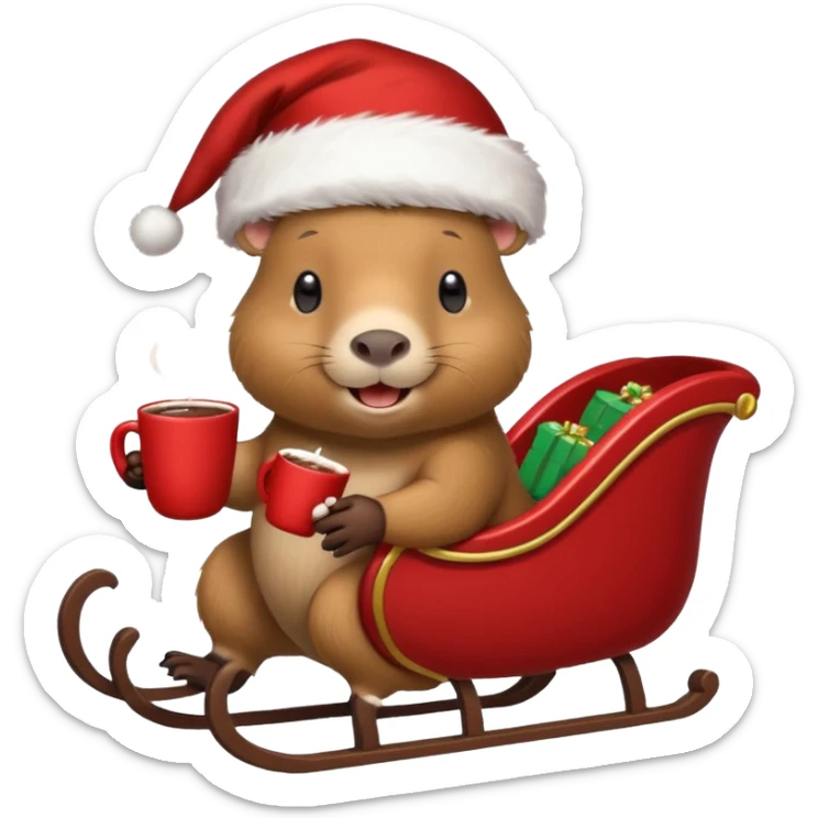 capybara wearing a santa hat, holding a cup of hot cocoa in a sleigh sticker