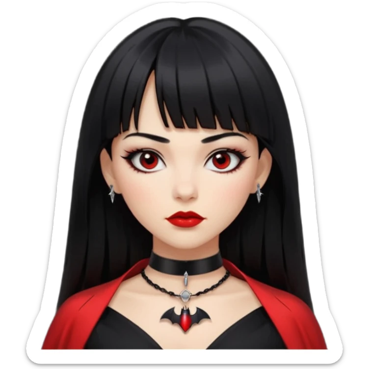 mulher cabelos pretos longos e lisos com uma franja curta acima dos olhos, olhos pretos com delineado, expressão séria, com um sorriso sensual e lábios vermelhos, ela usa uma gargantilha preta com um pequeno pingente de morcego preto e roupa com decote nos seios sticker