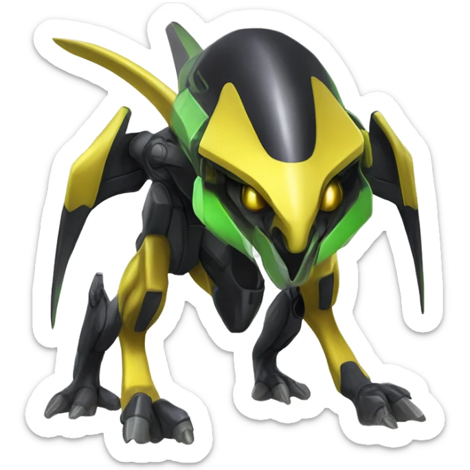 a shiny black-yellow-green Genesect-Raptor-Fakémon—hybrid with a futuristic visor-helmet full body sticker