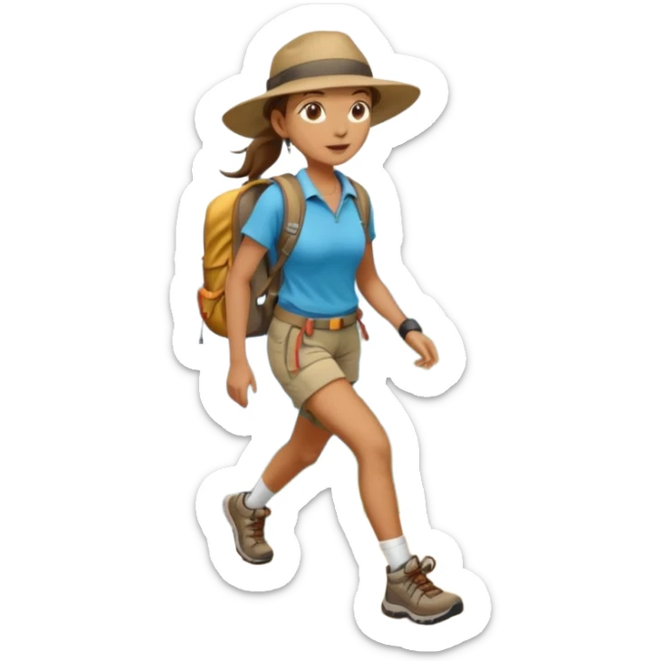 Create an emoji of a woman, hiking in shorts, trekking sneakers with a backpack and a wide broom hat and a brown ponytail sticker