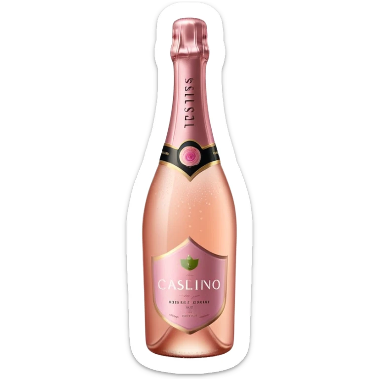 bottle of sparkling rosé champagne with a rose logo on the label, tilted up and to the left, no glass sticker