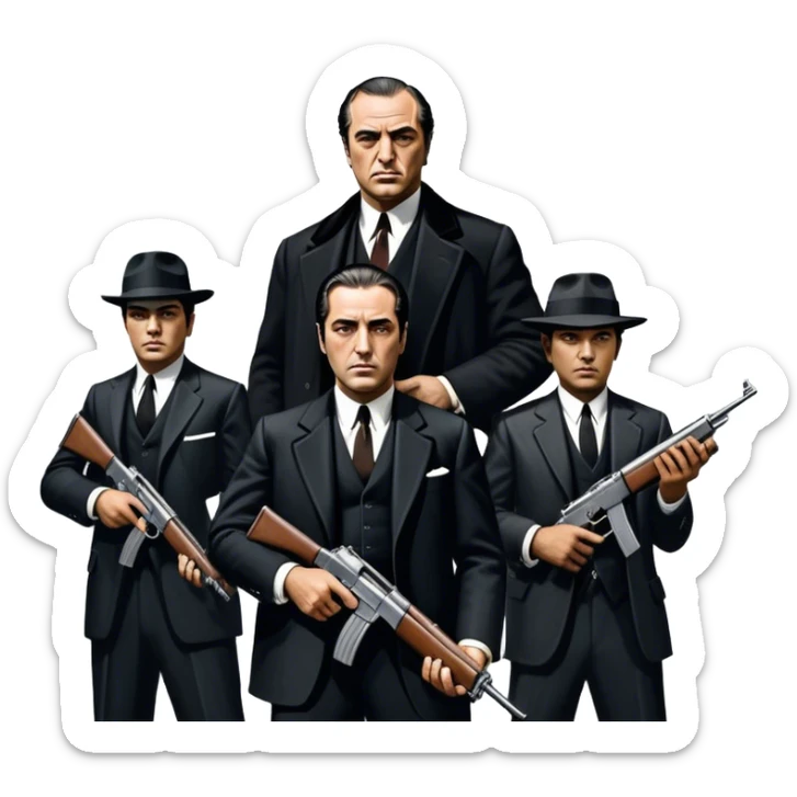 Vintage noir poster with Don Corleone surrounded by gangsters holding Thompson submachine guns. Background features New York skyscrapers, adding to the gritty, classic gangster film feel.  Dark and moody atmosphere with shadows, suits, and a mysterious vibe. Transparent background. sticker