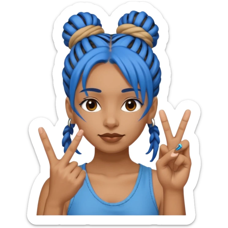 brown girl with blue dreads in a bun, giving peace sign with middle finger sticker