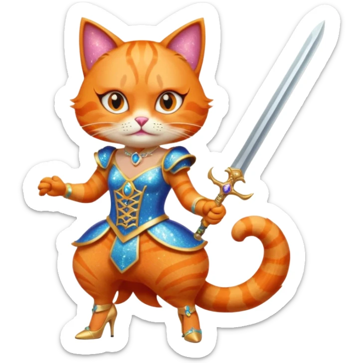 sassy orange cat in drag high heels glitter expressive face brandishing a sword sticker