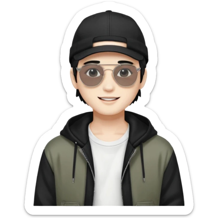 Portrait of a male K-pop idol, white skin, wearing a stylish streetwear outfit with layered clothing, makeup, wearing a black cap, smiling, sunglasses sticker