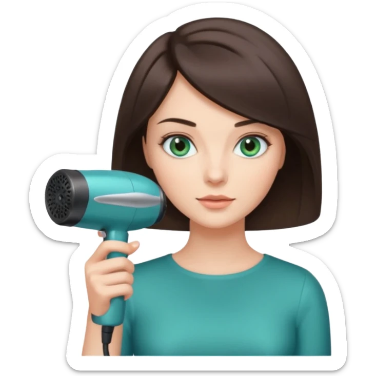 brunette bob girl hair stylist with blue green eyes holding a hair dryer sticker