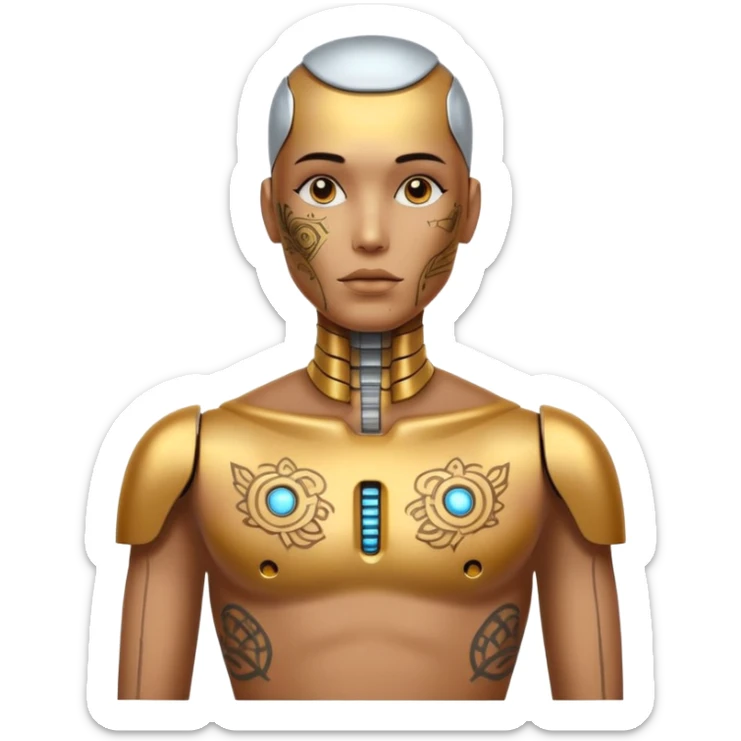 gold Tatooed robot, big many tatooes on chest, neck and face, white tatoo on face sticker