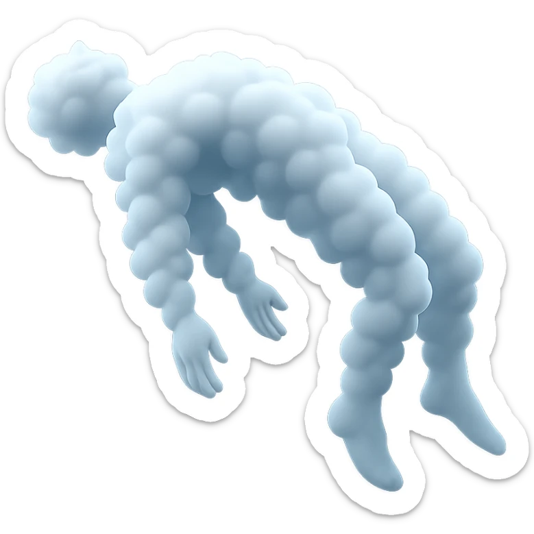side view of unconscious person flying upwards by torso, legs and arms downwards, made of small very bright white fluffy convex clouds, matte glass style sticker