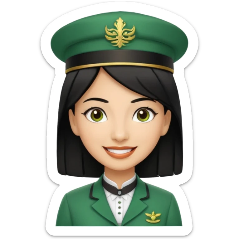 Lady hotel butler with green uniform black hair and just a lite bit brown skin and Arabic face with our hat please sticker