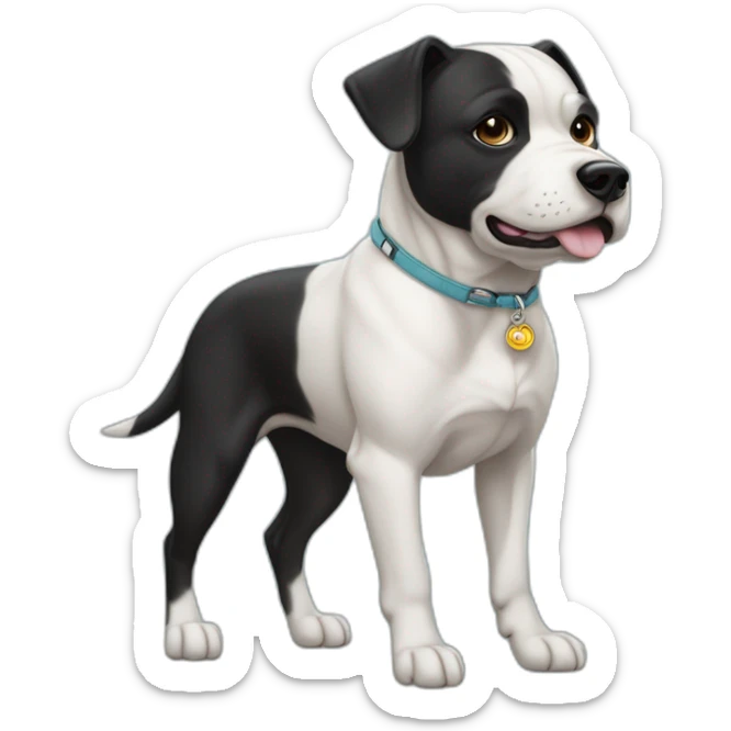 Un staffi femelle noir avec un trait blanc tres petit sur la tête avec des tache de brunger sur c'est patte arrière avec un collier ver se nomment ugette sticker