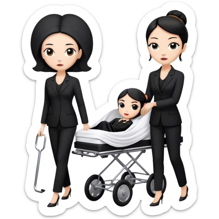 Two woman in black pants suits. One has black hair in a bun and one has brown long hair. They are pushing a stretcher with a dead body on it covers in sheets in to a black funeral Mercedes Vito car  sticker