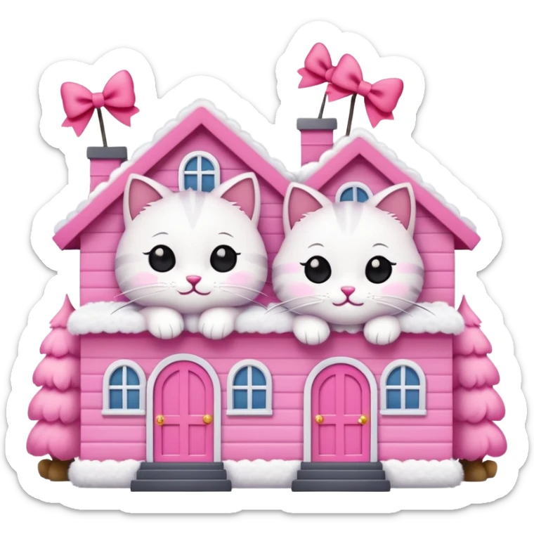 two happy cats in love, with a pink house behind them that has a bow on the roof, emoji style sticker