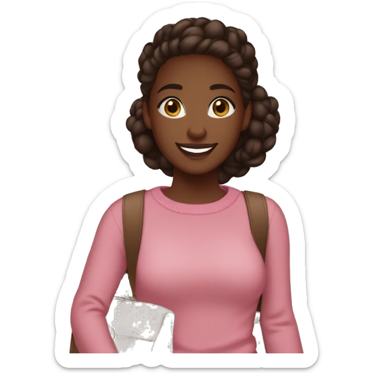 Girl smiling, walking through the mall, dark skin, in a pink sweater, wearing white sneakers, hair in a bun on top of her head, marsala hair color, brown eyes, with bags in her hands. sticker