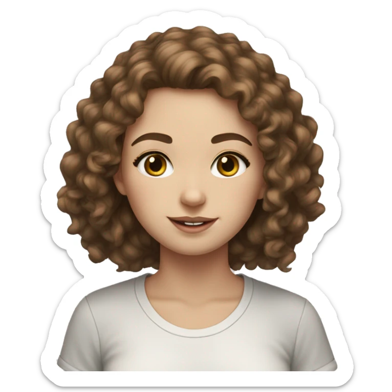 white girl shirt curly brown hair with white and black cat   sticker