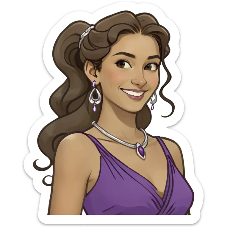 Young woman with long brown hair in a high wavy ponytail, with a single curl falling on her forehead. She wears a purple Grecian dress and has a confident, playful smile. Inspired by Disney animation. sticker