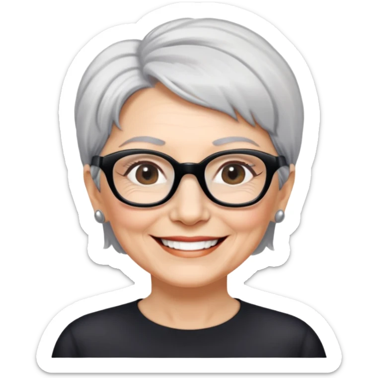 bà lão 60 tuổi, da trắng, tóc ngắn màu bạc, đeo kính màu đen, mặt cười tươi, hơi có nếp nhăn nhẹ, nửa thân trên sticker
